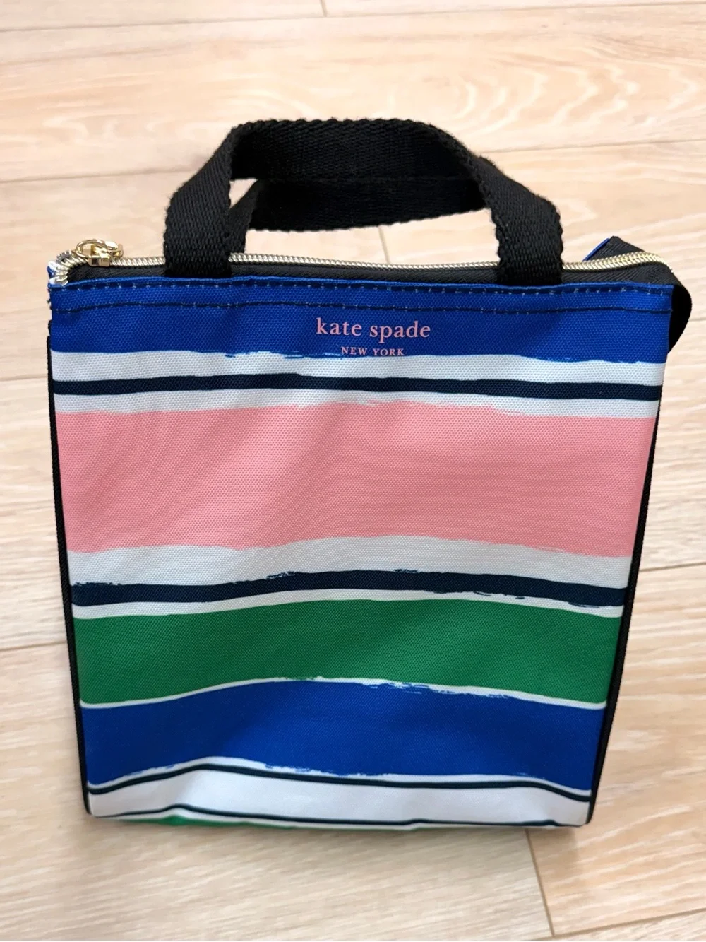 kate spade striped canvas lunch box- pink, green, blue
